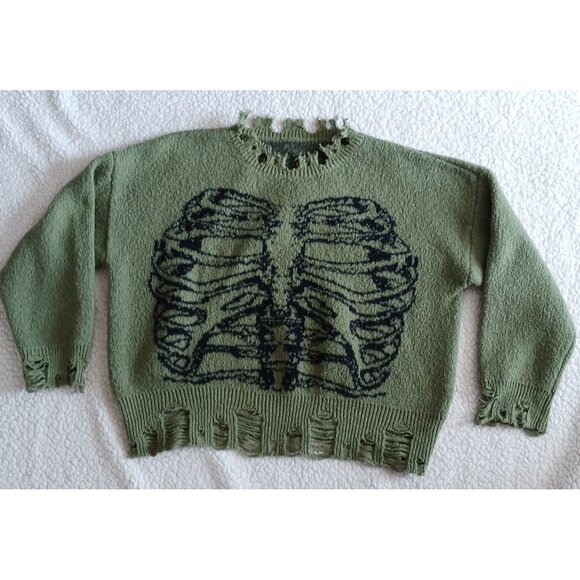 Romwe Green Goth Knit Sweater Skeleton Rib Cage Distressed Halloween Size M - Picture 1 of 6